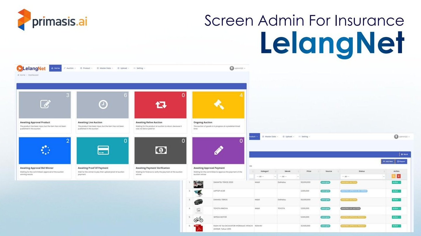 LELANGnet admin screen for insurance